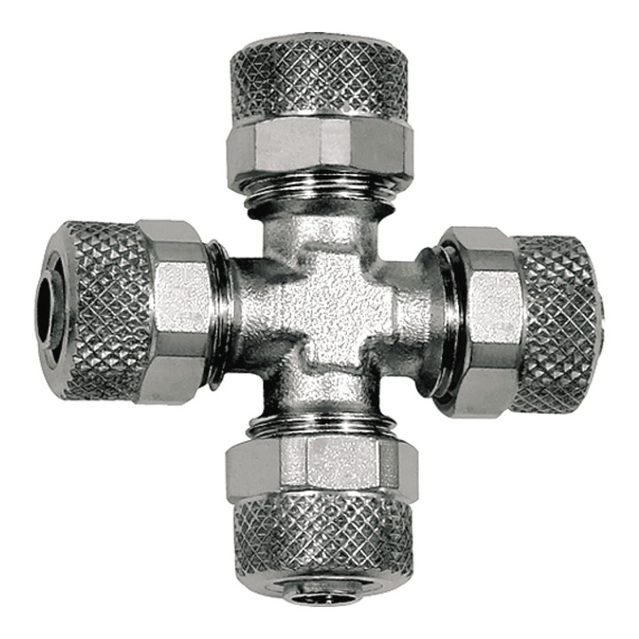 Riegler Kreuzverbindung, für Schlauch 10/8 mm, SW 12, Messing vernickelt