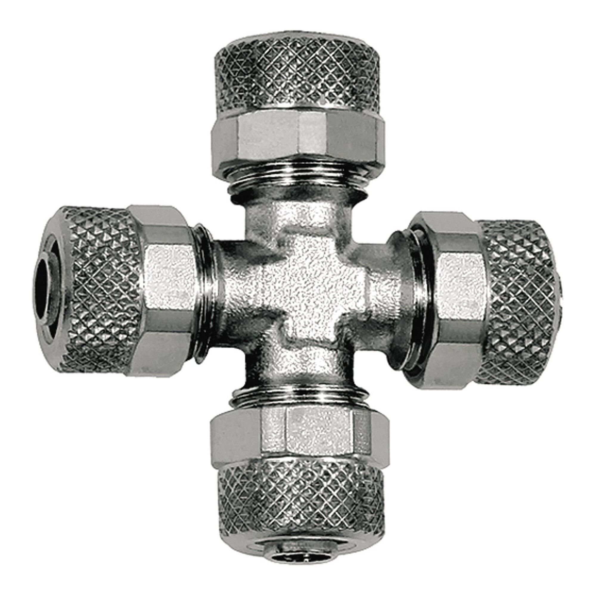 Riegler Kreuzverbindung, für Schlauch 10/8 mm, SW 12, Messing vernickelt