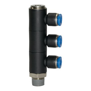 Riegler L-Distributeur multiple « Série Bleue », 3 voies, rotatif, R 1/8 à Ø8mm