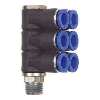 Riegler L-Distributeur multiple « Série bleue », 6 voies, pivotant, R 1/4 a. Ø8mm