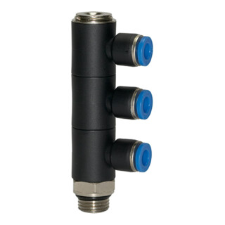Riegler L-Multiprises « Série Bleue », 3 voies, pivotant, G 3/8 à Ø6mm