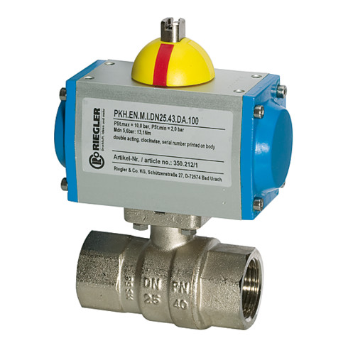 Riegler Messingkugelhahn, pneumat. Stellantrieb doppeltwirk., Rp1/2 L=133