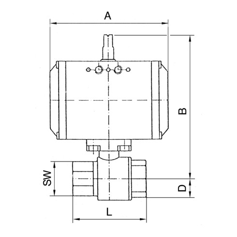 Riegler Messingkugelhahn, pneumat. Stellantrieb doppeltwirk., Rp1/2 L=133