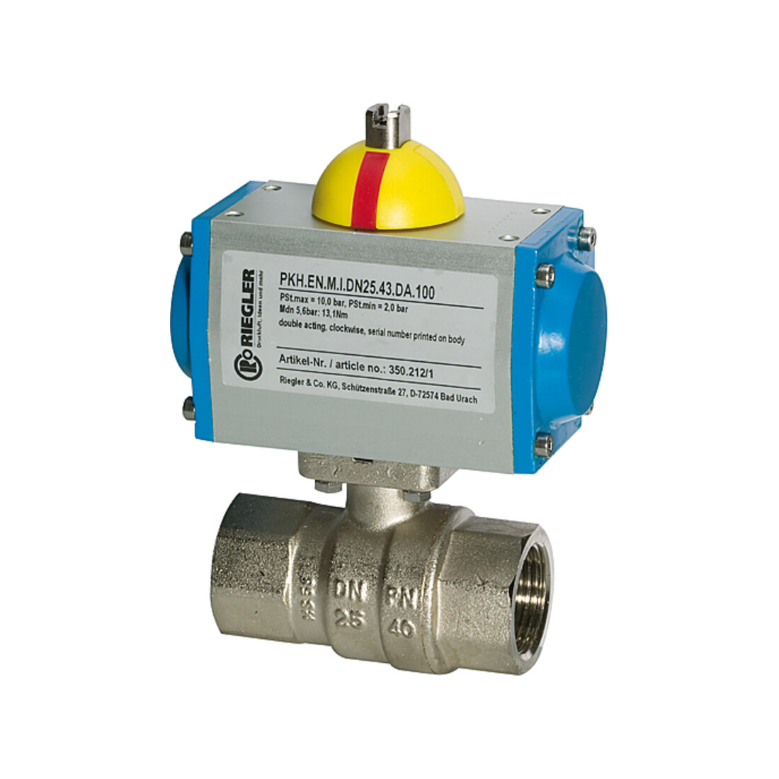 Riegler Robinet à boisseau sphérique en laiton, entraînement pneumatique double effet, Rp1/2 L=133