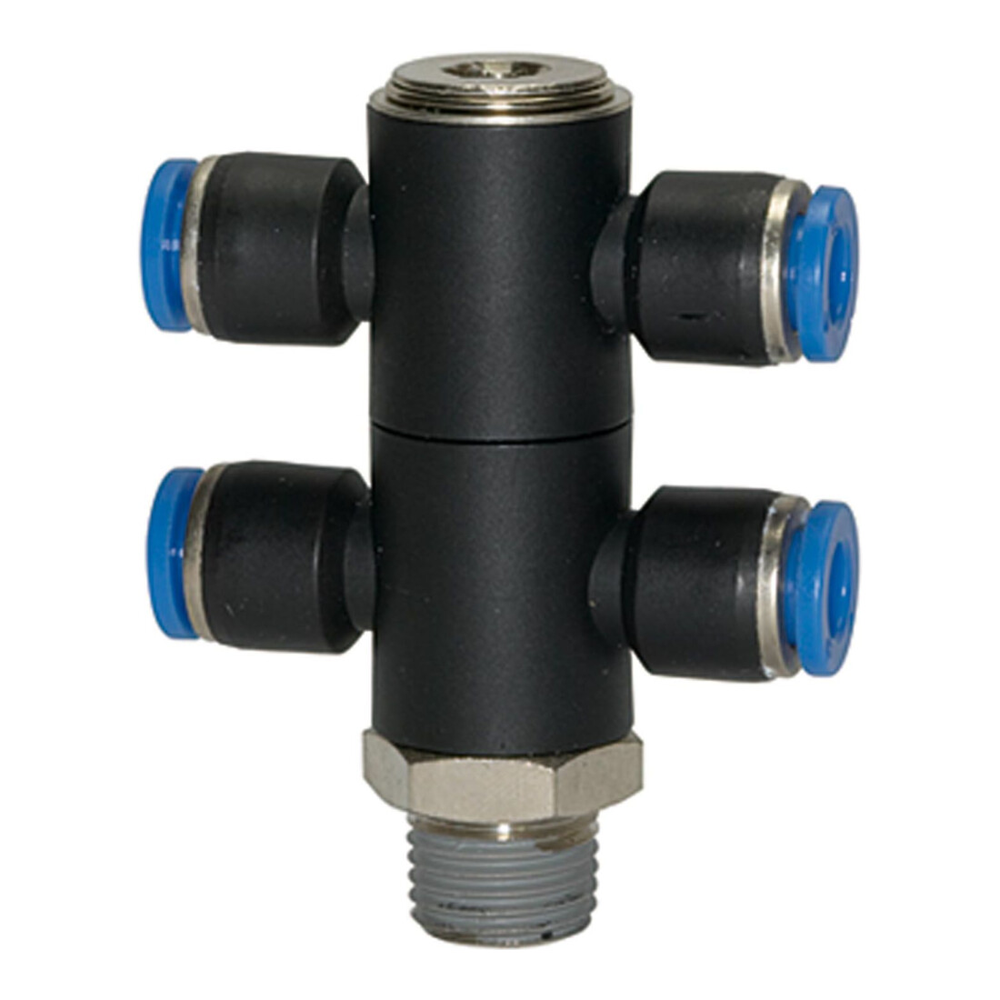 Riegler T-Collecteur multiple « Série bleue », 4 voies, pivotant, R 3/8 à Ø8mm