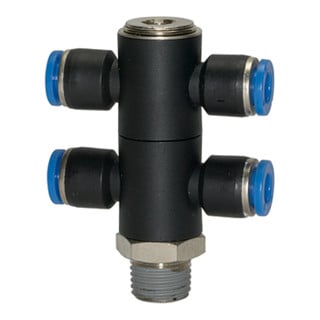 Riegler T-Collecteur multiple « Série bleue », 4 voies, rotatif, R 1/8 à Ø8mm