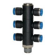 Riegler T-Collecteur multiple « Série Bleue », 6 voies, pivotant, R 1/4 à Ø4mm-1