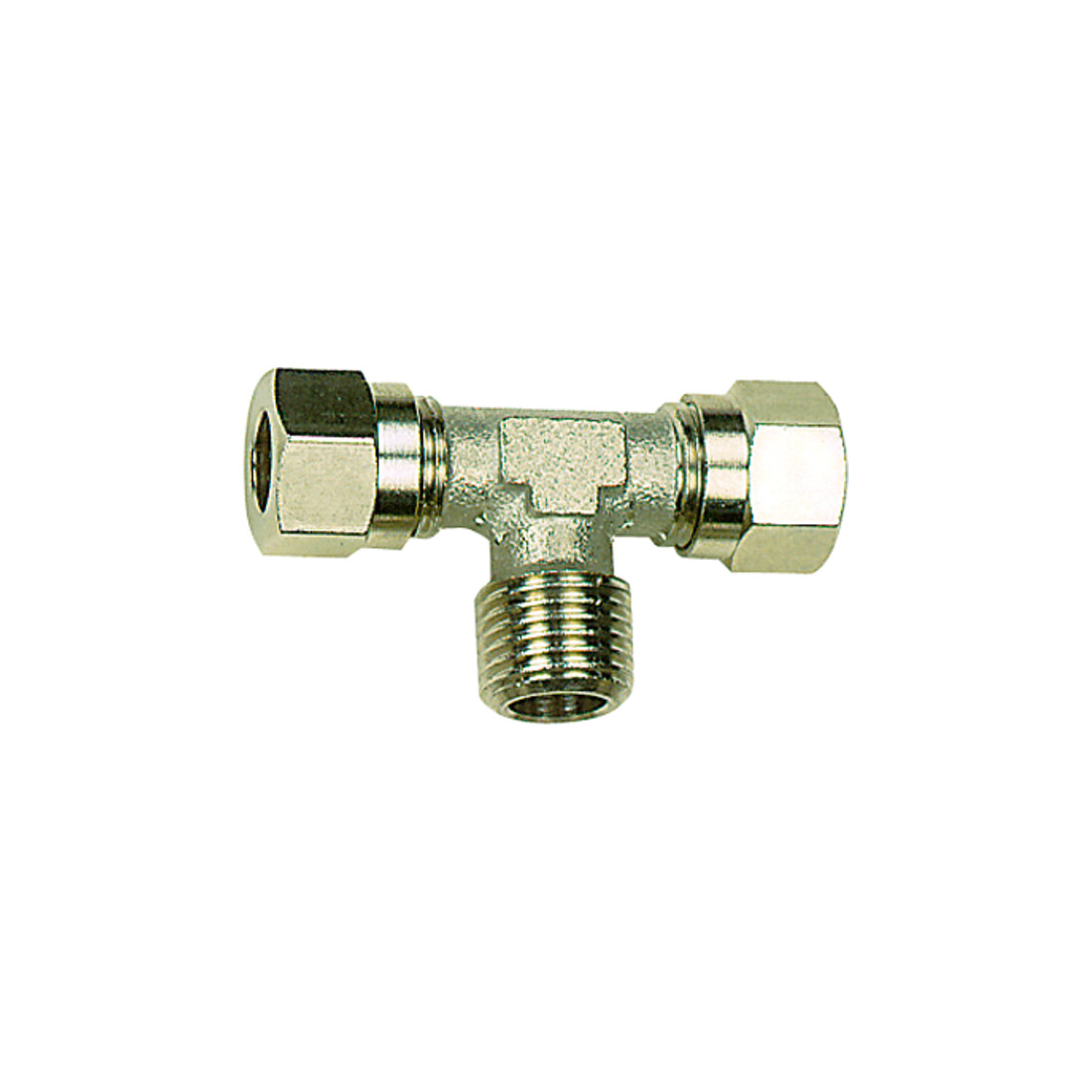 Riegler T-Einschraubverschraubung, R 1/4 a., Rohr-Außen-Ø 10 mm, MS vern.