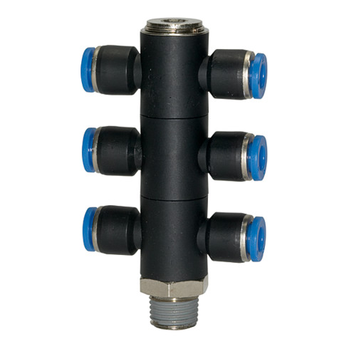 Riegler T-Mehrfachverteiler »Blaue Serie«, 6-fach, drehbar, R 1/4 a. Ø8mm