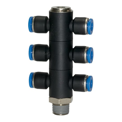 Riegler T-Mehrfachverteiler »Blaue Serie«, 6-fach drehbar, R 3/8 a. Ø10mm