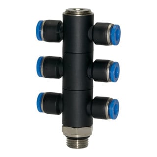 Riegler T-multipleur »Série Bleue«, 6 voies, pivotant, G 1/8 à Ø8mm