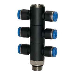 Riegler T-multiprise « Série Bleue », 6 voies, pivotante, G 1/4 à Ø6mm