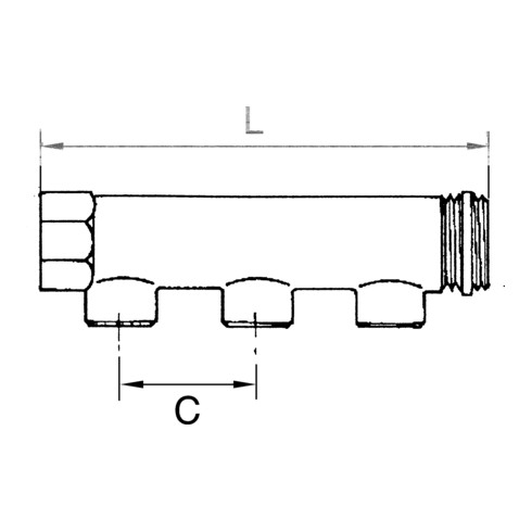 Riegler Verteilerrohr, 3 Abgänge, Eingang 2x3/4, Ausgang 3x1/2 IG, MS