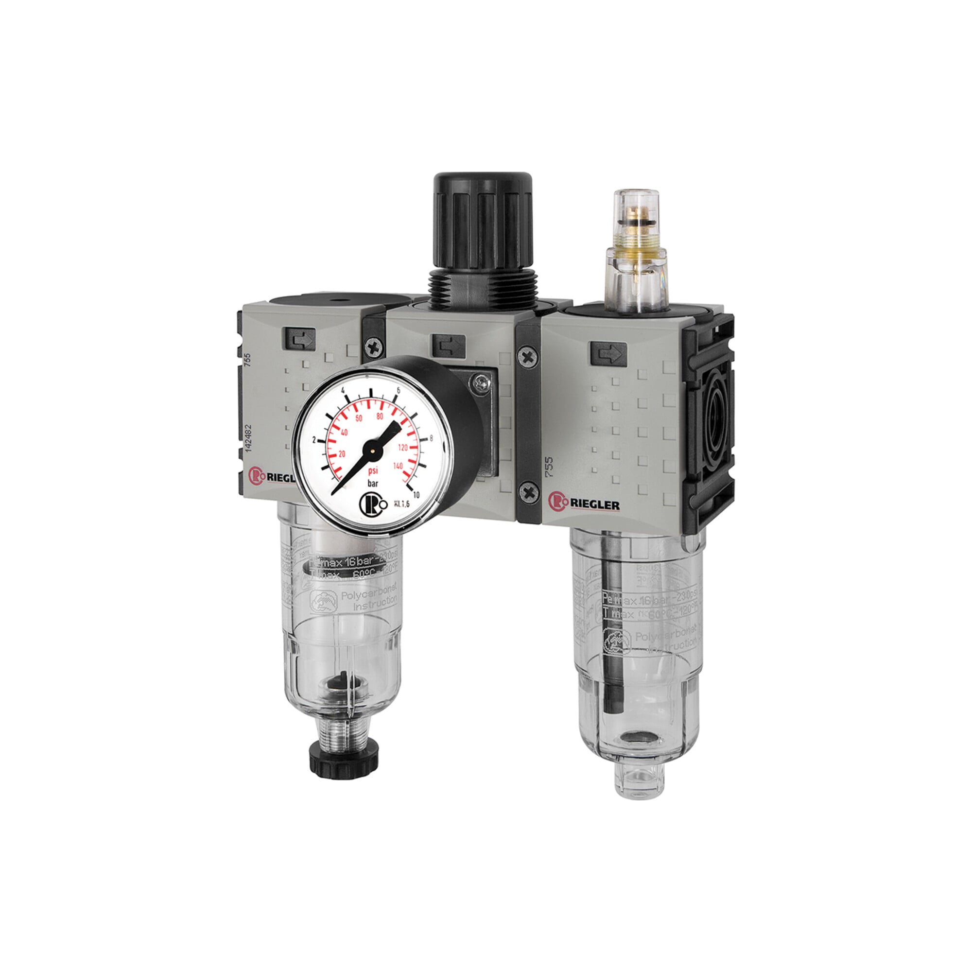Riegler WE 3-tlg. »FUTURA-mini«, PC-Beh., Standardmano, G 1/4, 0,5-10, HA