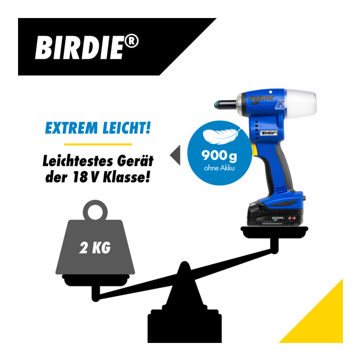 Riveteuse sans fil Gesipa Birdie avec 1x batterie 2,0 Ah et 1x chargeur, dans L-Boxx