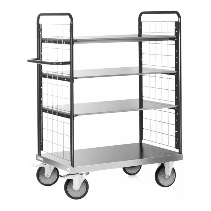 Rocholz Etagenwagen 500 kg 850x500 mit 4 Ladeflächen mit 2 verzinkte Stirngitter