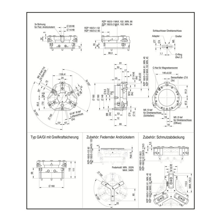 RÖHM Pince pneumatique centrée RZP LKR146 3xM8 H17,8 I16