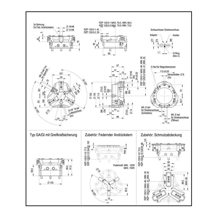 RÖHM Pinces pneumatiques centrées RZP LKR112 3xM8 H13,9 I13