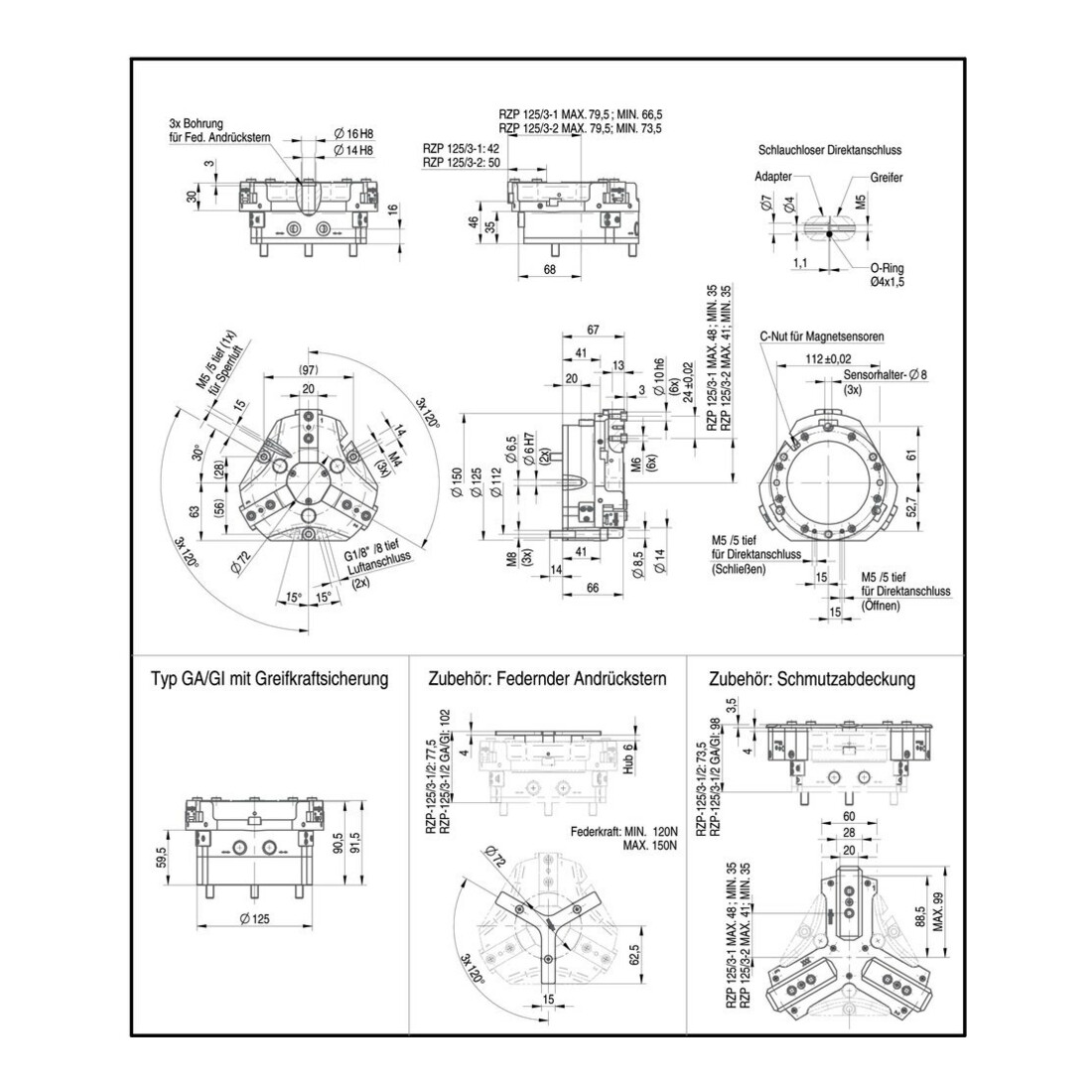 RÖHM Pinces pneumatiques centrées RZP LKR112 3xM8 H13,9 I13