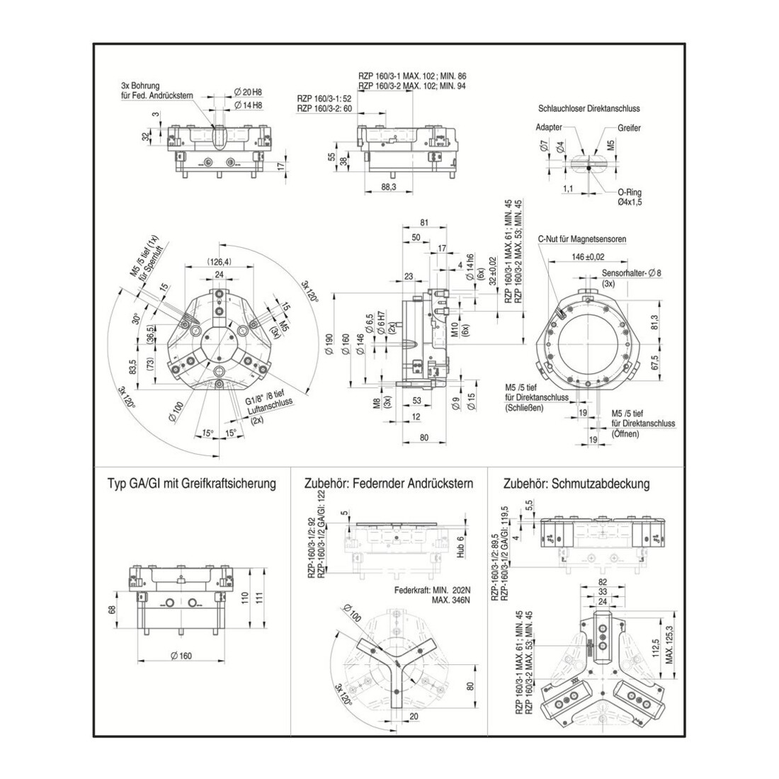 RÖHM Pinces pneumatiques centrées RZP LKR146 3xM8 H18 I8