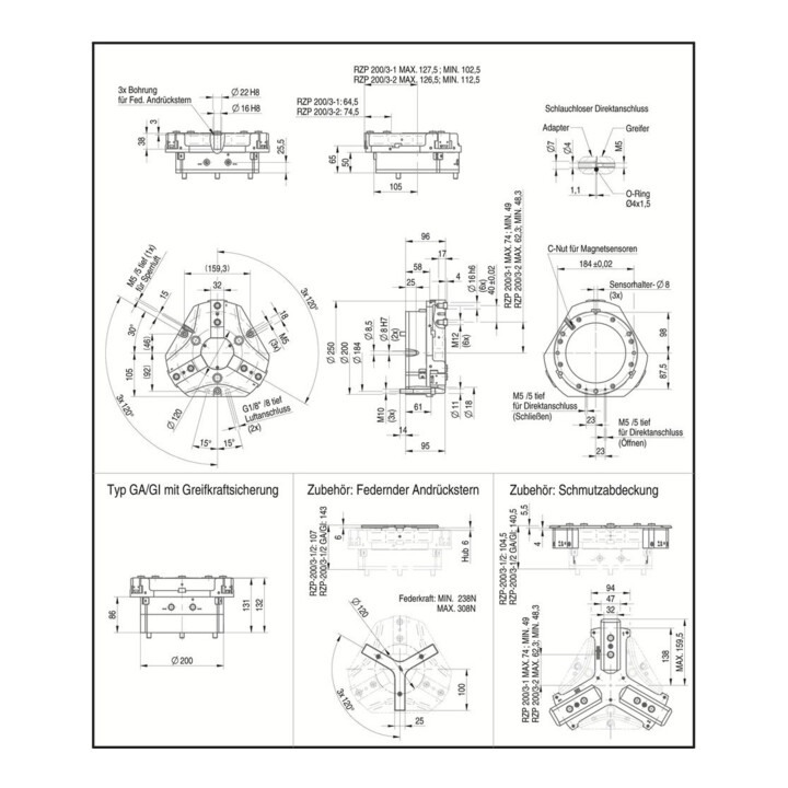 RÖHM Pinces pneumatiques centrées RZP LKR184 3xM10 H25 I25