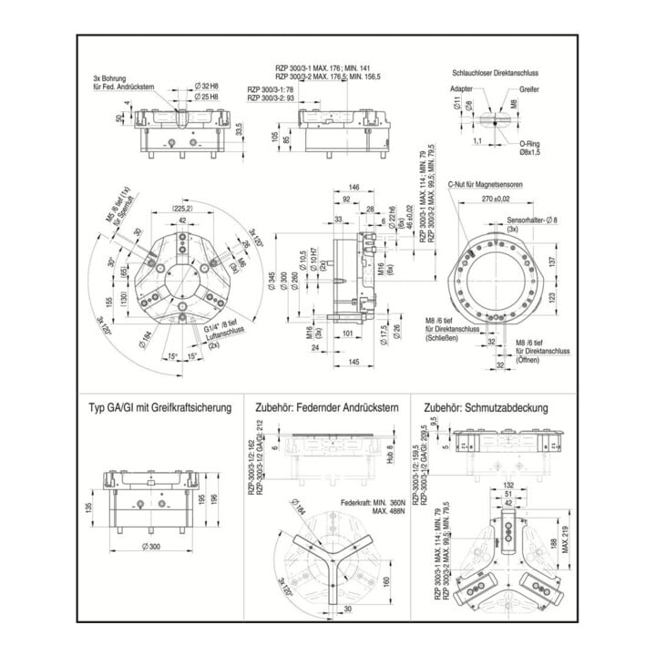 RÖHM Pinces pneumatiques centrées RZP LKR260 3xM16 H35 I35