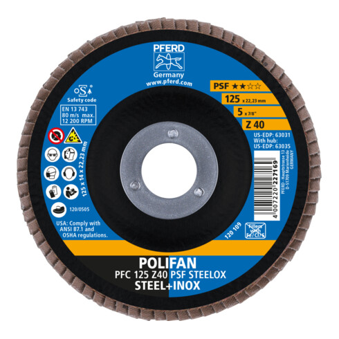 Rondelle à lamelles PFERD POLIFAN PFC 125x22,23 mm conique Z40 Ligne Uni PSF STEELOX acier/inox