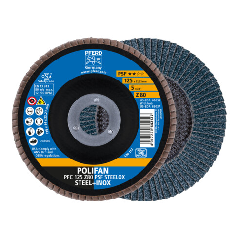 Rondelle à lamelles PFERD POLIFAN PFC 125x22,23 mm conique Z80 Ligne Uni PSF STEELOX Acier/Inox