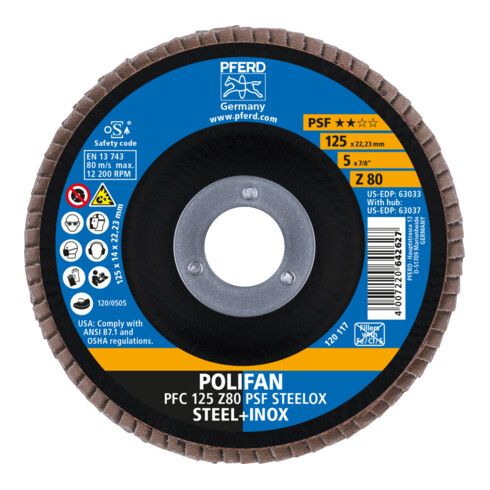 Rondelle à lamelles PFERD POLIFAN PFC 125x22,23 mm conique Z80 Ligne Uni PSF STEELOX Acier/Inox