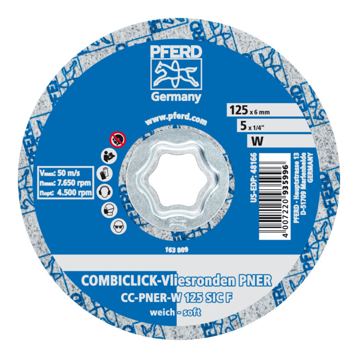 Rondelle comprimée en non-tissé PFERD COMBICLICK CC PNER diamètre 125 mm souple SIC fin pour la finition