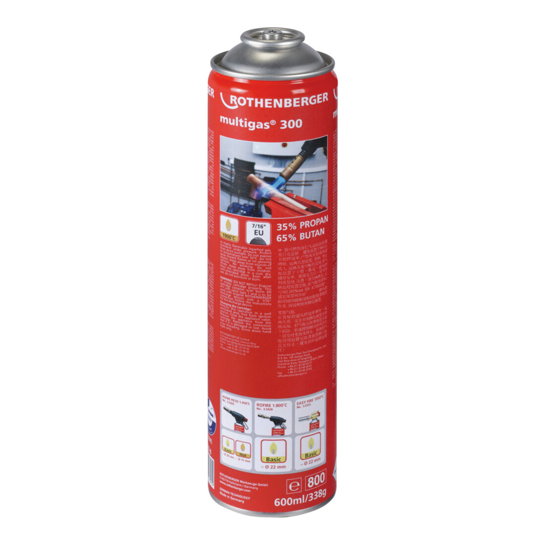Rothenberger Bomboletta di gas Multigas 300 600ml, c.ca 1950°C, 40% propano/60% butano