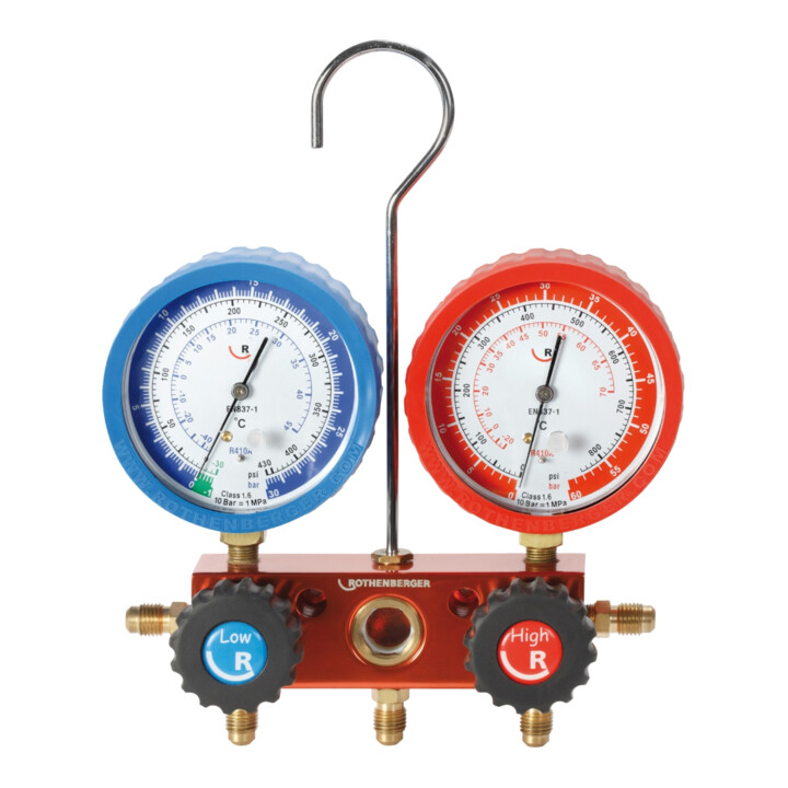 Rothenberger Monteurhilfe-Set 2-Wege Standard, R410A, mit Manometer,Pulse-free, Klasse 1.6, 3 Druckschläuche à 1500m im Kunststoffkoffer