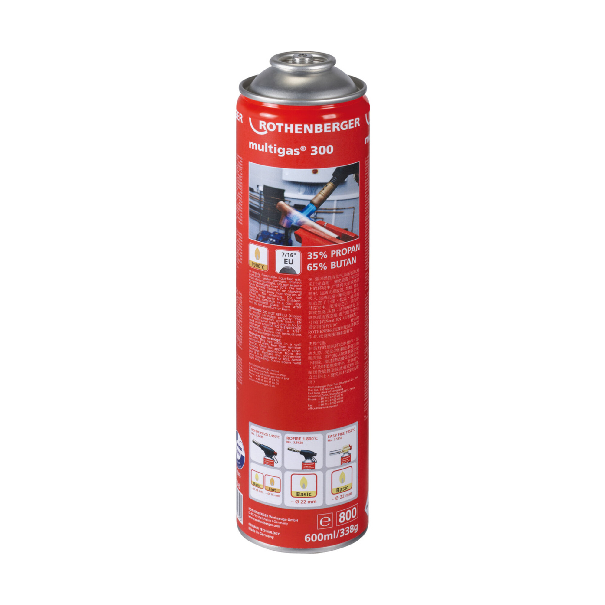 Rothenberger Multigas 300 Gaskartusche, 7/16"-EU, Sprachversion A