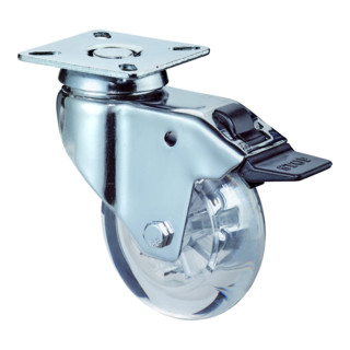 BS Roulette pivotante avec frein Palier lisse Bande de polyuréthane Transparent Plaque à visser roulettes pivotantes