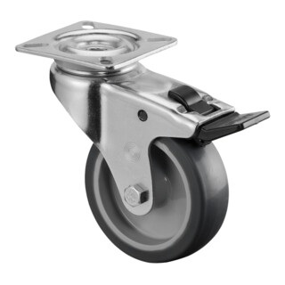 BS Roulette pivotante avec frein, roue en caoutchouc bleu-gris, palier lisse, platine