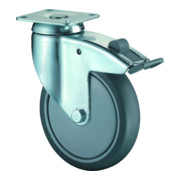 Roulette pivotante BS avec frein, roue en caoutchouc, fourche en tôle d'acier, galvanisée-chromatée, double rangée de billes et cage dans la tête de fourche