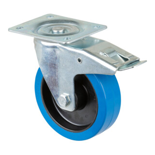 BS Roue de transport avec frein, palier à rouleaux, plaque, élastique, bleu