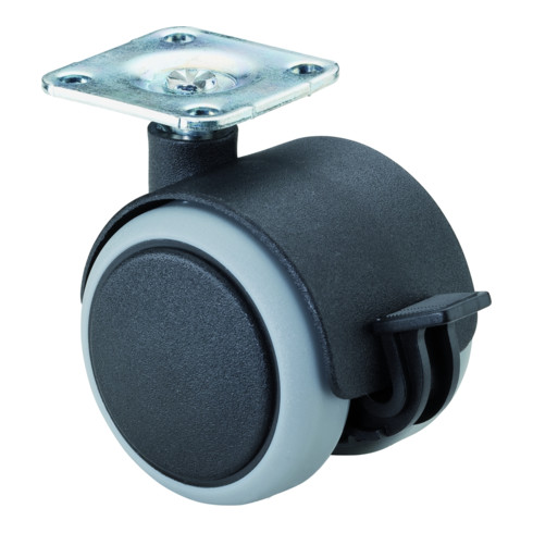 Roulette double en plastique ac blocage D.roue 50 mm cap.charge 50 kg avec plaqu