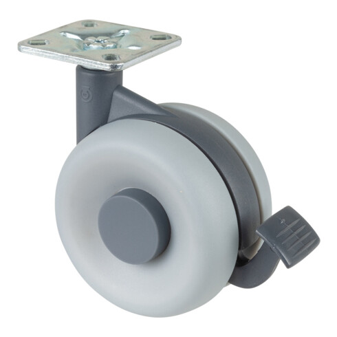 Roulette double en plastique avec frein BS Rollen 75mm 50kg PUR gris 47x47mm