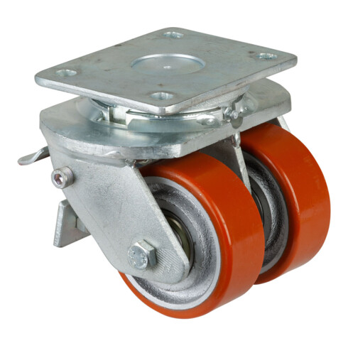 Roulette double pivotante BS avec roue en polyuréthane coulée à frein, boîtier en acier soudé, zingué, roulement à billes dans la tête de fourche