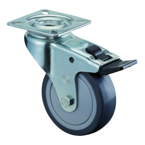 Roulette orientable avec frein D.roue 100 mm cap.charge 70 kg avec plaque à viss