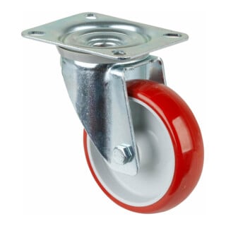 BS Roulette pivotante, roulement à billes, platine, polyuréthane, rouge