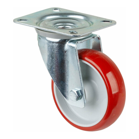 BS roulette pivotante, roulement à rouleaux, plateau en polyuréthane, rouge