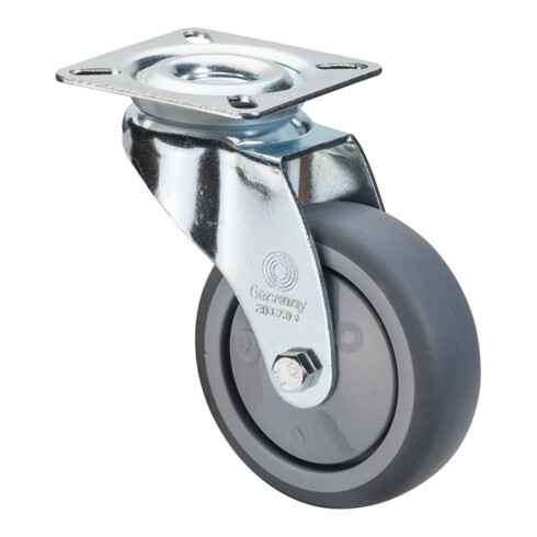 Roulette pivotante D.roue 100 mm cap.charge 70 kg avec plaque de fixation caoutc