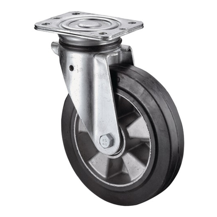 Roulette pivotante robuste BS, roue élastique en caoutchouc plein, boîtier en tôle d'acier robuste, zinguée et chromatée, double rangée de billes et cage dans la tête de fourche