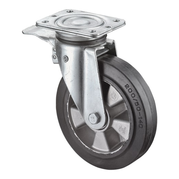 BS Roulette pivotante à frein pour usage intensif, roue élastique en caoutchouc plein, boîtier robuste en tôle d'acier, zingué et chromaté
