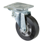 Roulette pivotante BS à usage intensif avec frein, roue élastique en caoutchouc plein, boîtier robuste en tôle d'acier, zingué et chromaté, double rangée de billes et cage dans la tête de fourche