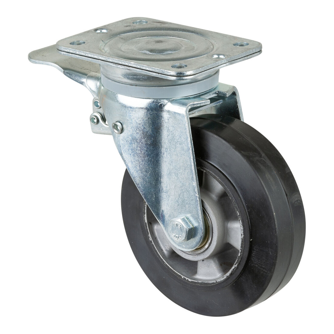 Roulette pivotante BS à usage intensif avec frein, roue élastique en caoutchouc plein, boîtier robuste en tôle d'acier, zingué et chromaté, double rangée de billes et cage dans la tête de fourche
