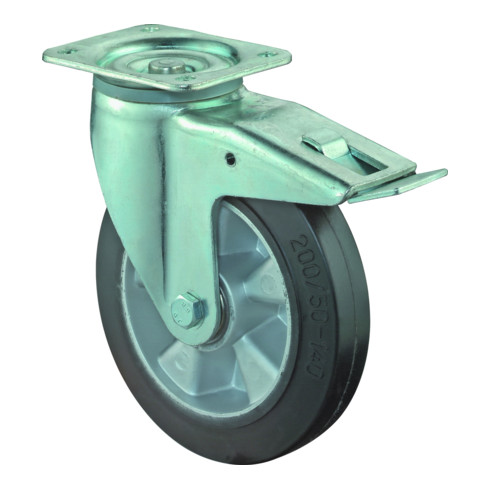 BS Roulette pivotante à frein pour usage intensif, roue élastique en caoutchouc plein, boîtier robuste en tôle d'acier, zingué et chromaté