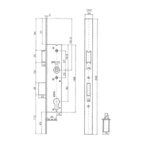 RR-Einsteckschl.PZW 24/40/92/10mm DIN L/R VA Riegelausschl.22mm 340mm BEVER